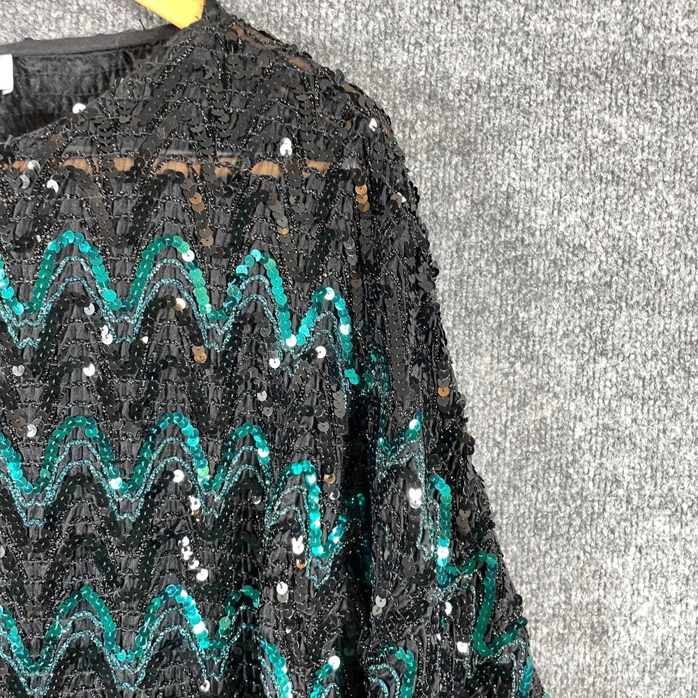Vintage Givenchy Top Womens 18 W Black Teal Sequin Zigzag West Germany 80s Art - Picture 5 of 12